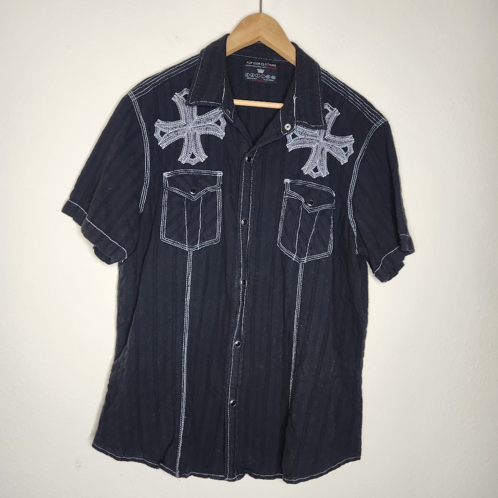 Pop Icon Clothing Mens XL Black Cross Snap Short Sleeve Shirt Embroidery